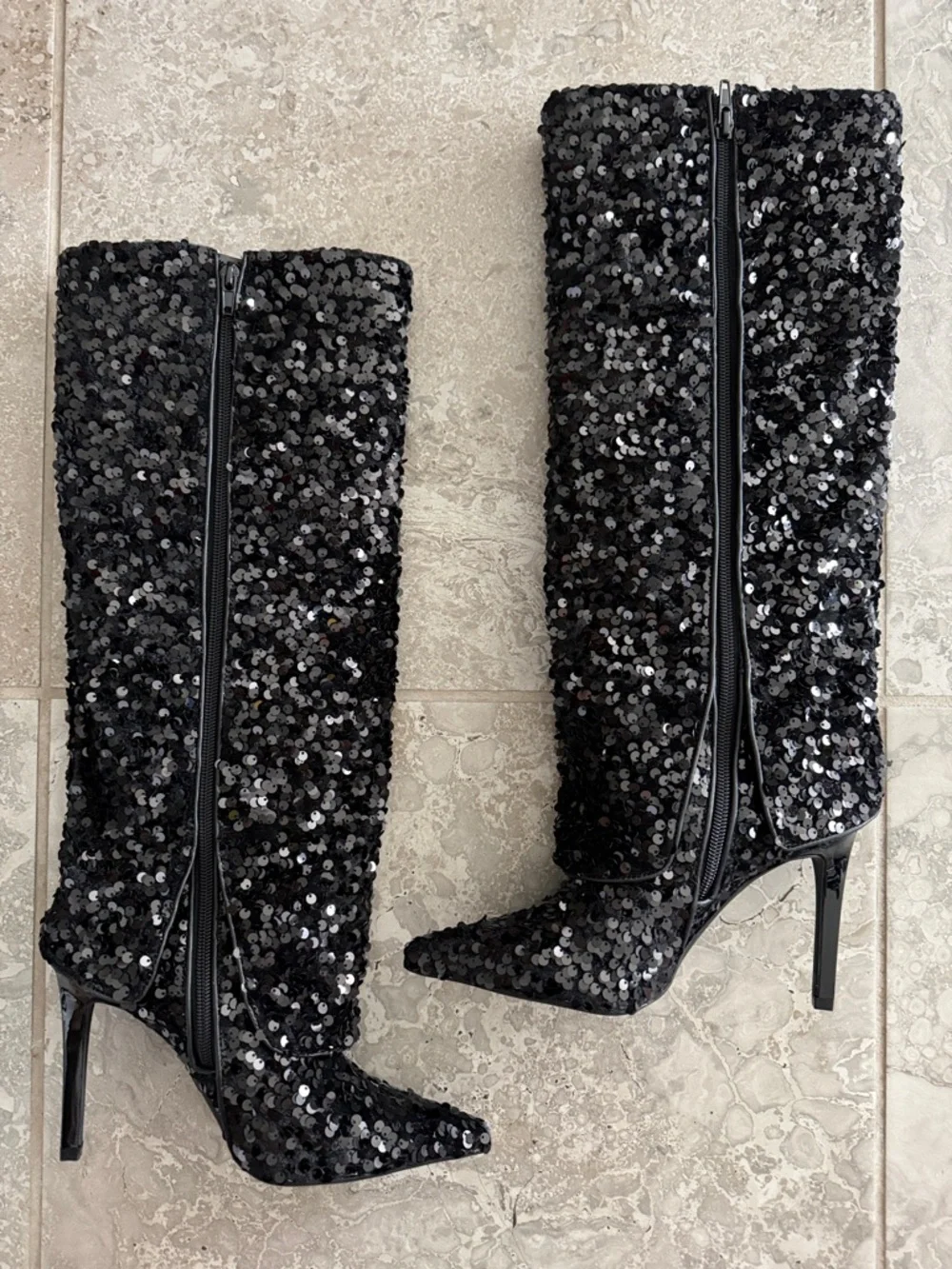INC Skylar Knee-High Black Sequin Dress Boots, Size 5, NEW in Box